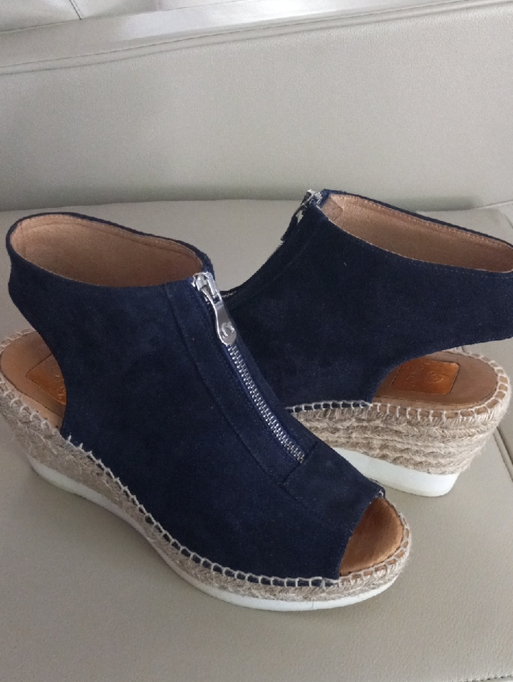 kanna  Emily Navy Suede Peep-Toe Wedge Sandals with Front Zipper Size EU 39 - Picture 5 of 15